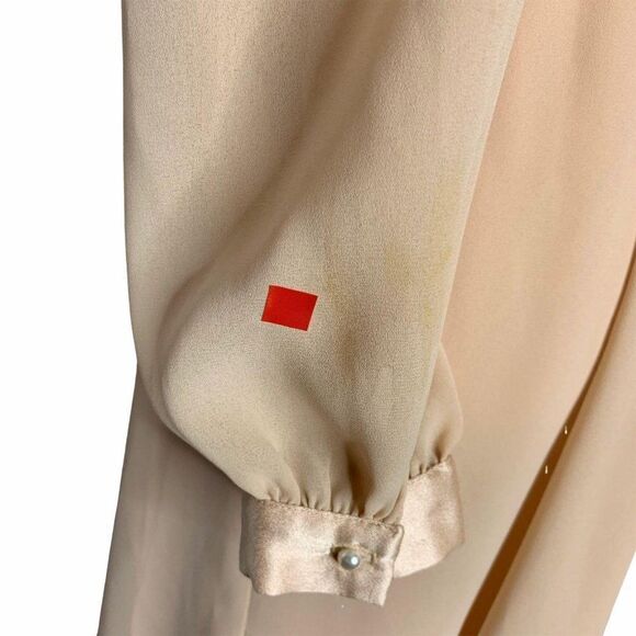 Vintage 80s Pleated Chiffon Midi Dress M Pink Embroidered Applique Satin Belt - Picture 8 of 11